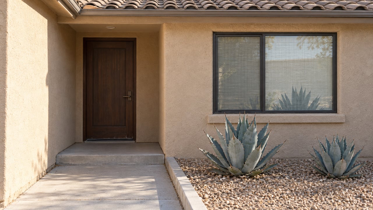 Sunlit buff-stucco home entrance with a recessed wood door, charcoal-framed window, concrete approach, and two blue-gray agaves in a gravel bed.