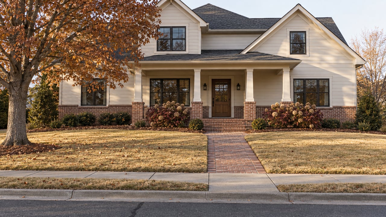 Modern-traditional home with ivory siding, a brick porch and broad straw-gold lawn beneath a copper-leaved oak in autumn light.
