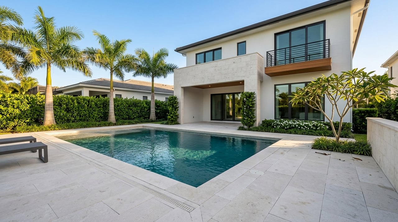 Backyard pool beside a modern luxury home, bordered by privacy landscaping.