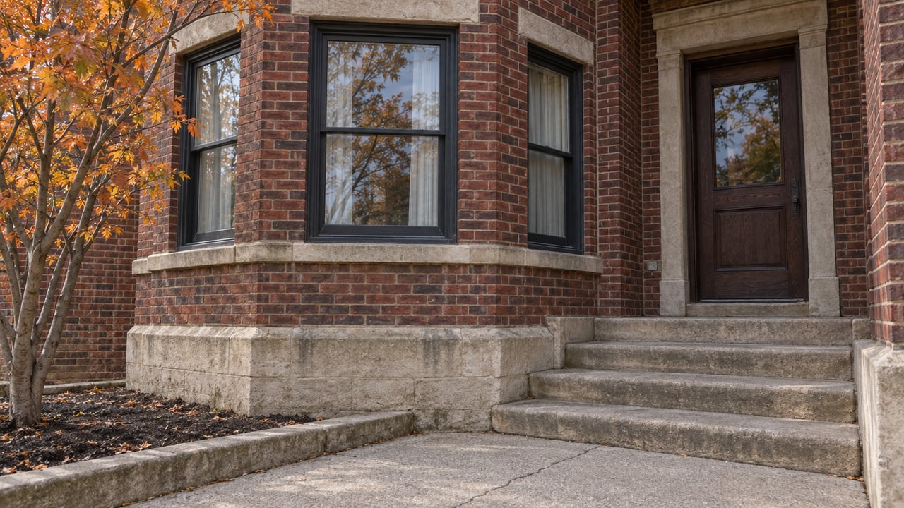 Close view of a red-brick residential bay and recessed oak entrance, with worn limestone steps and amber serviceberry leaves.