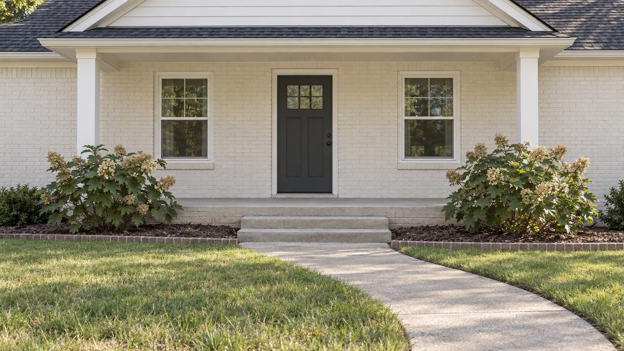 Painted-brick single-story home with a covered porch, charcoal front door, curved concrete walk and oakleaf hydrangeas beside a broad lawn.