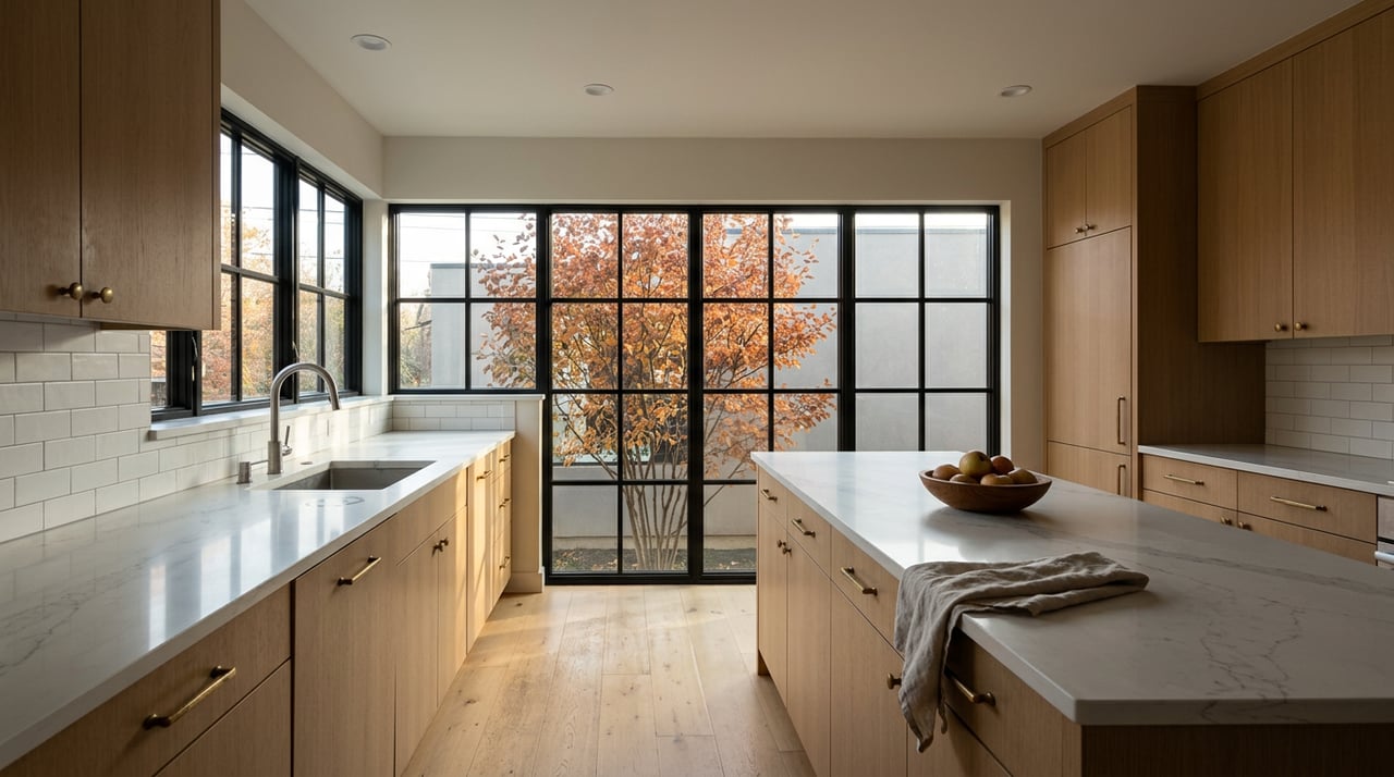 Kitchen island with a wood bowl of apples, white oak cabinets, and an autumn tree beyond a black-grid window.
