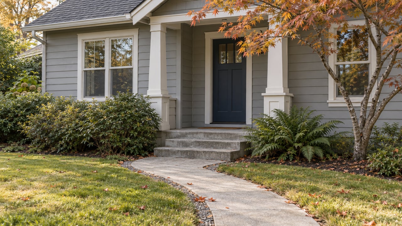 Pale-gray house with a navy door, approached by a winding walk through lawn and autumn-colored leaves.