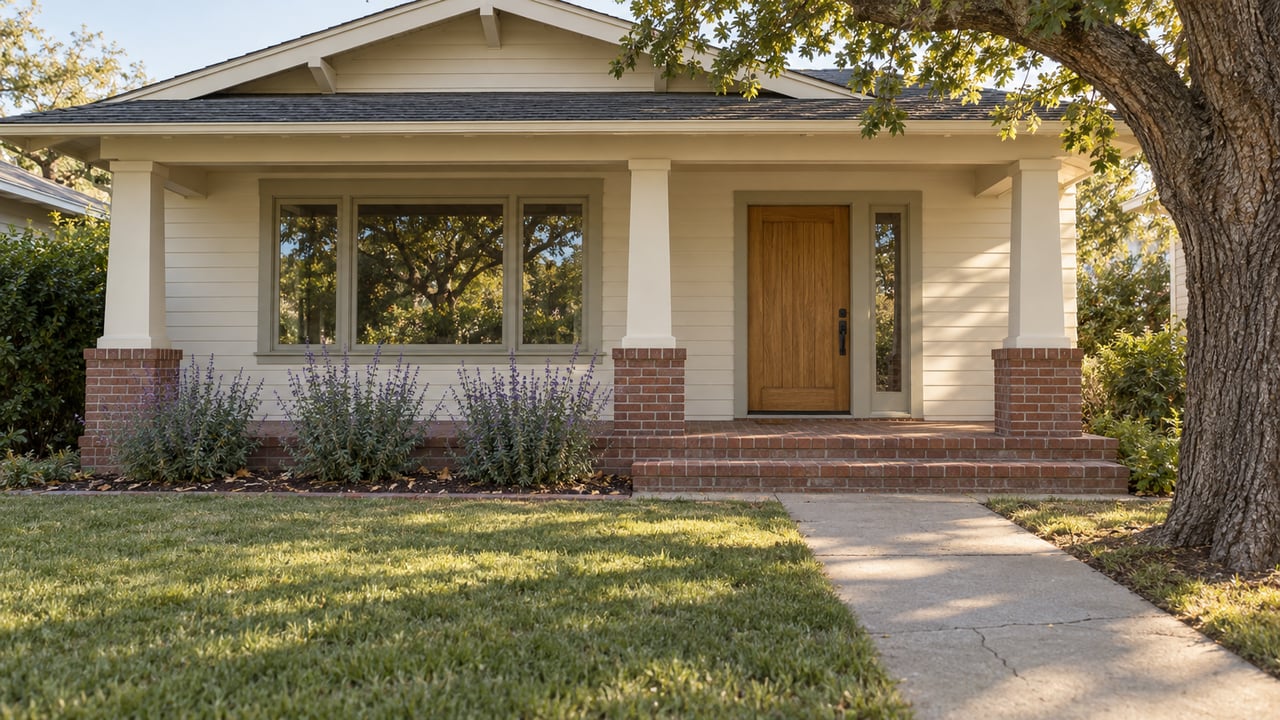 An ivory wood-sided home with a brick porch, oak door and deep front lawn beneath a mature oak.