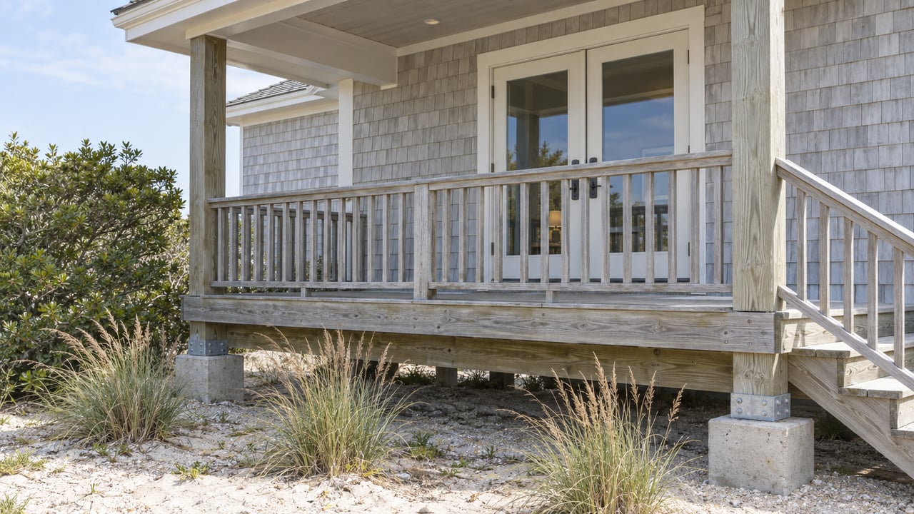 Raised coastal home’s covered deck with glazed French doors, timber supports on concrete piers, and sandy landscaping.