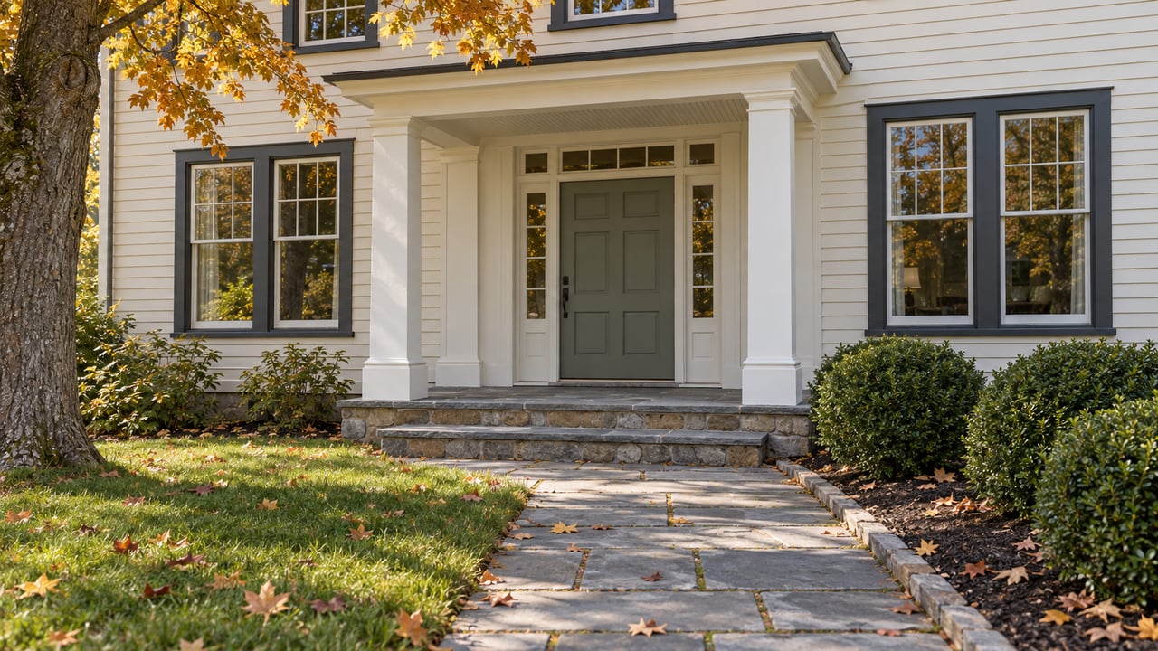 Ivory clapboard home with a gray-green front door, paired white porch columns, bluestone steps and an autumn maple beside a swept garden approach.