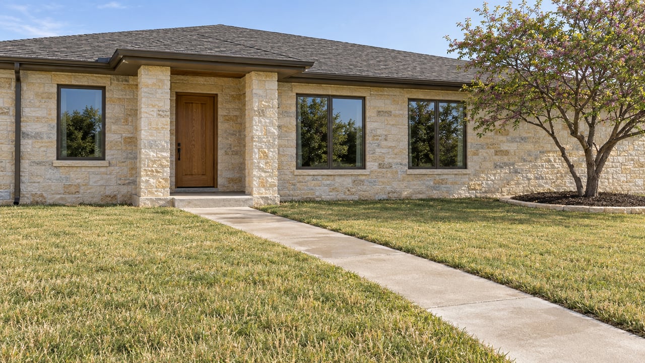 A limestone single-story home with bronze-framed windows, an oak front door, and a deep lawn crossed by a concrete walk.