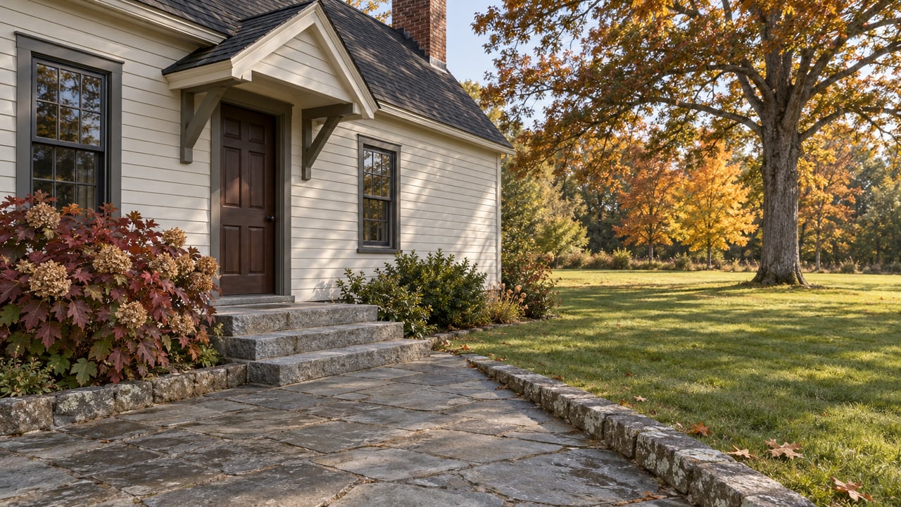 Cream clapboard home with a dark wood entry, granite steps and stone terrace beside a broad autumn lawn and mature oak.