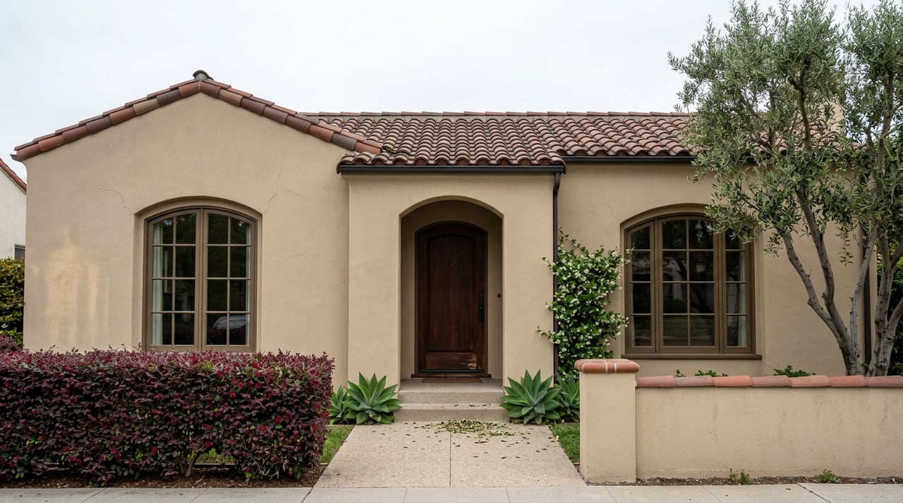 Mediterranean bungalow with an arched entry, clay tile roof, olive tree, and flowering jasmine.
