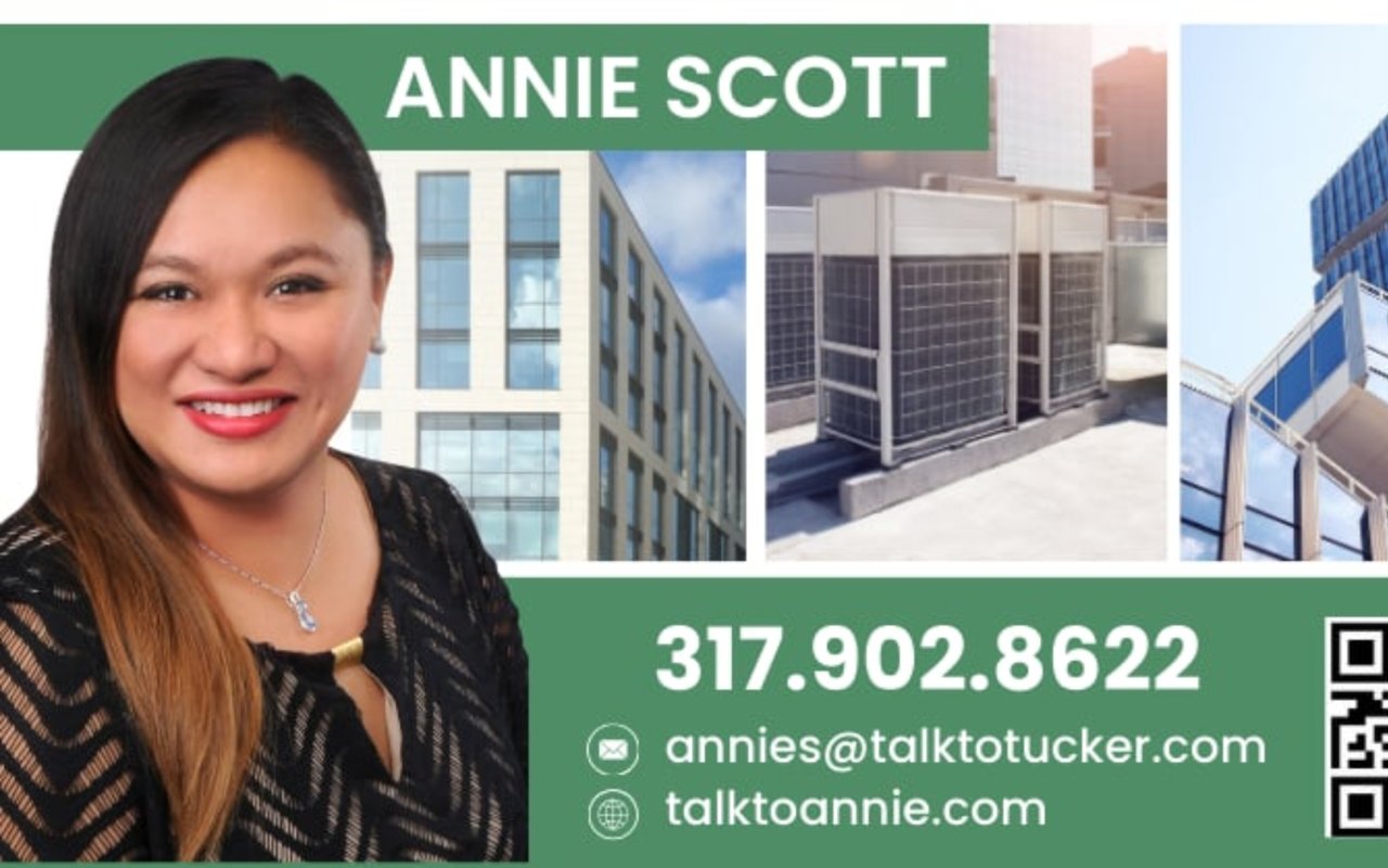 Annie Scott real estate contact flyer with her portrait, commercial building photos, phone number, email, and website.