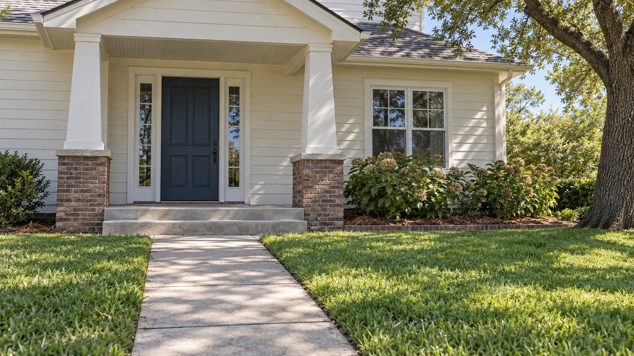 A maintained suburban home's gabled front porch, navy door and paired columns beyond a concrete walk and green lawn, framed by a mature oak.