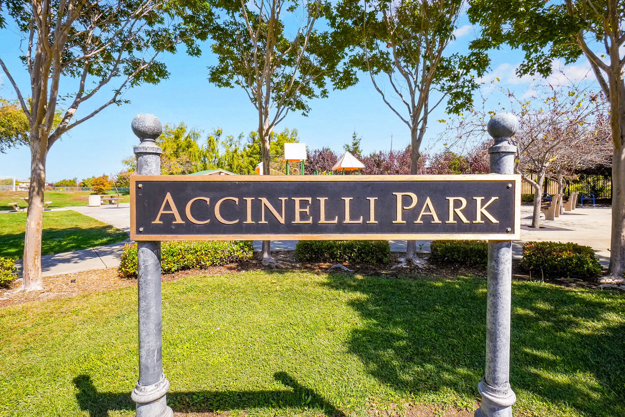 Accinelli Park sign in front of a sunny, tree-lined park.