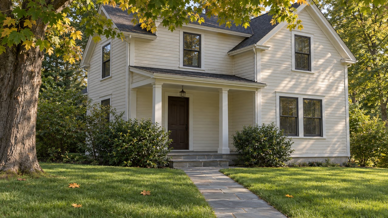 Cream clapboard two-story house with cross-gables, a bluestone walk through lawn, and a partly yellow maple.