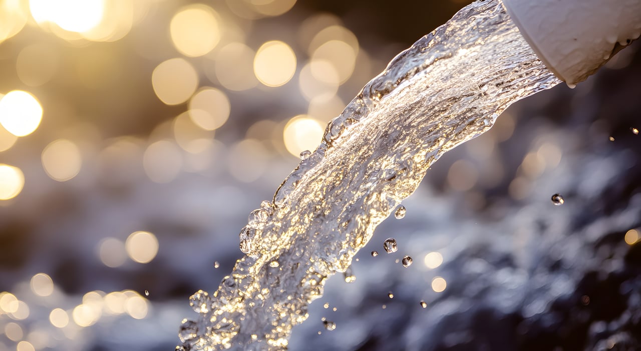 Close-up of water flowing from a pipe, sunlight creating a bokeh effect in the background, reminiscent of the dynamic flow of information on a platform tailored for real estate agents seeking career resources.