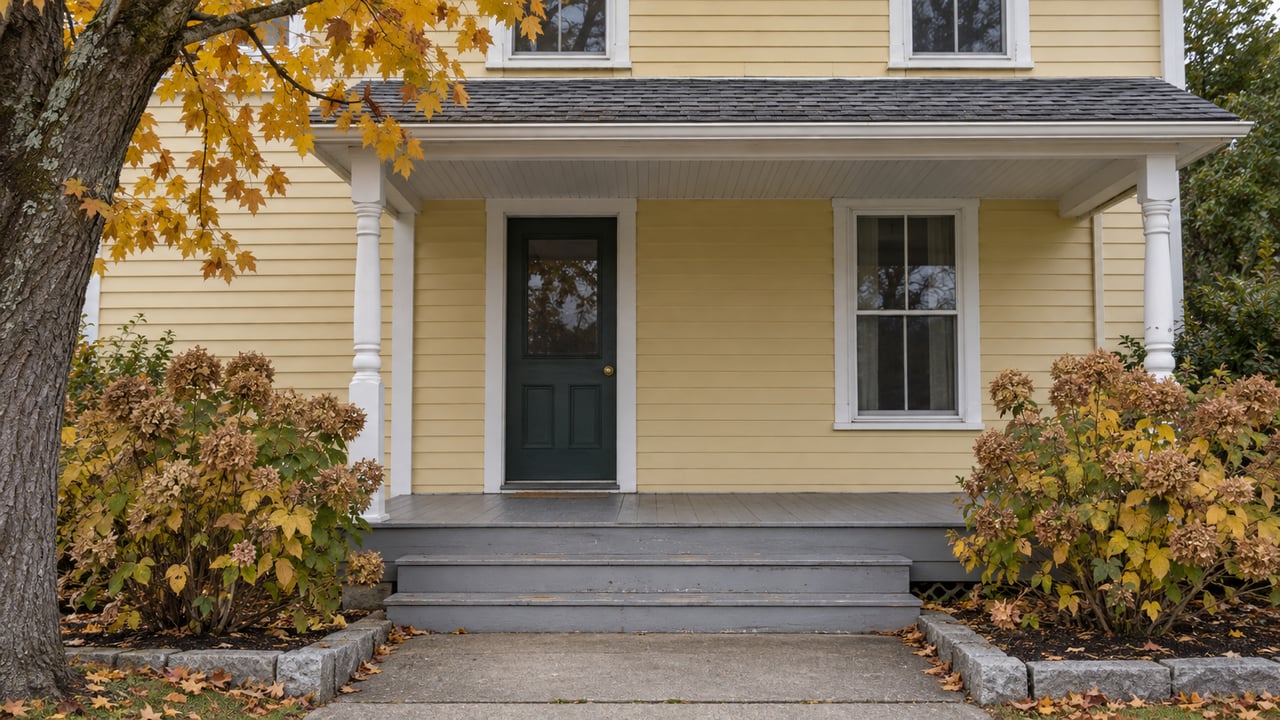 Butter-yellow clapboard home with a weathered gray porch, dark green front door, amber maple leaves and dried hydrangea flowers.