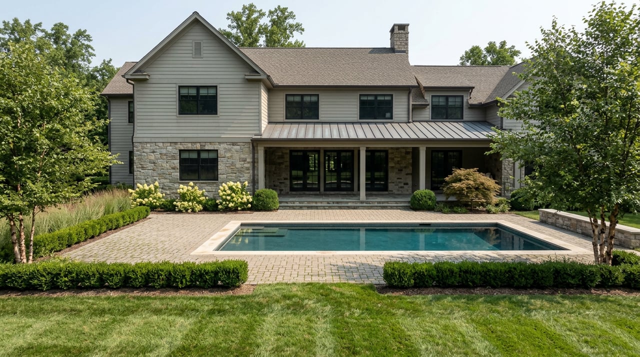 Estate home’s stone-and-siding rear facade overlooks a geometric pool, paver terrace, and river birch.