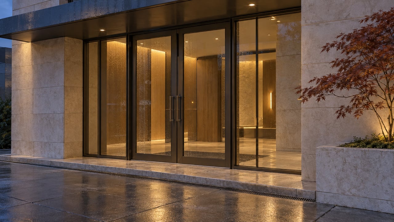 Condominium entrance with closed glass doors revealing a warmly lit oak-paneled lobby and a red-leaved maple.