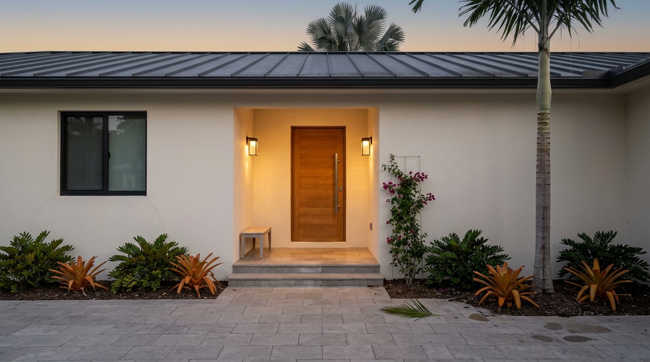 Stucco home entrance with a teak door, glowing sconces, paver steps, and a silver-blue palm at dusk.