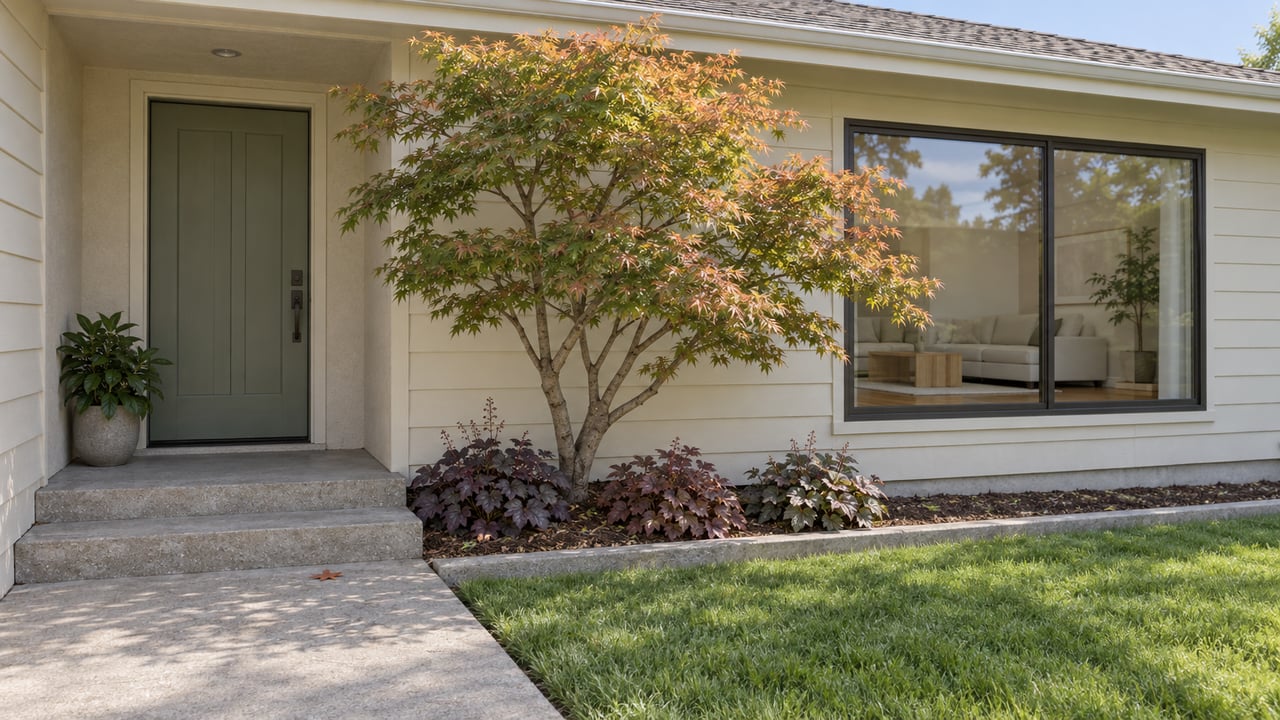 Cream-sided single-story home with a sage entry door, broad window, concrete steps, and a Japanese maple beside the porch.