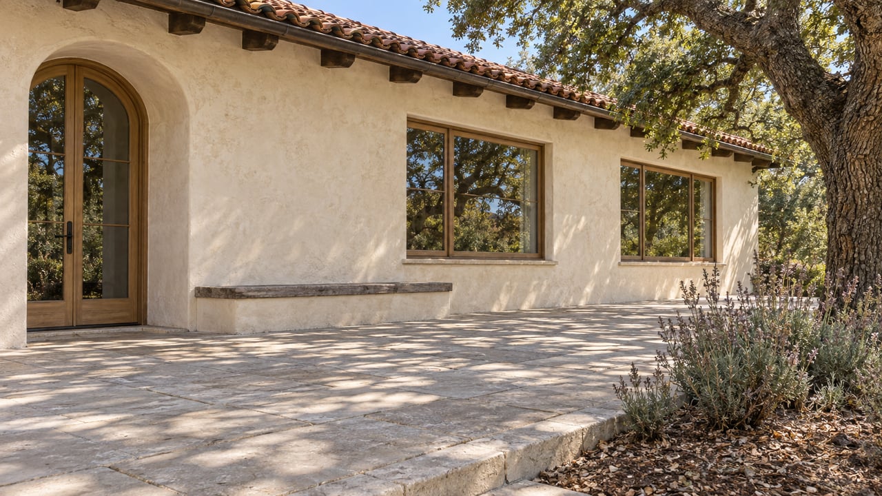 Sunlit plaster estate terrace with clay roof tiles, limestone paving, an arched glazed door and a mature oak beside a curbed planting bed.