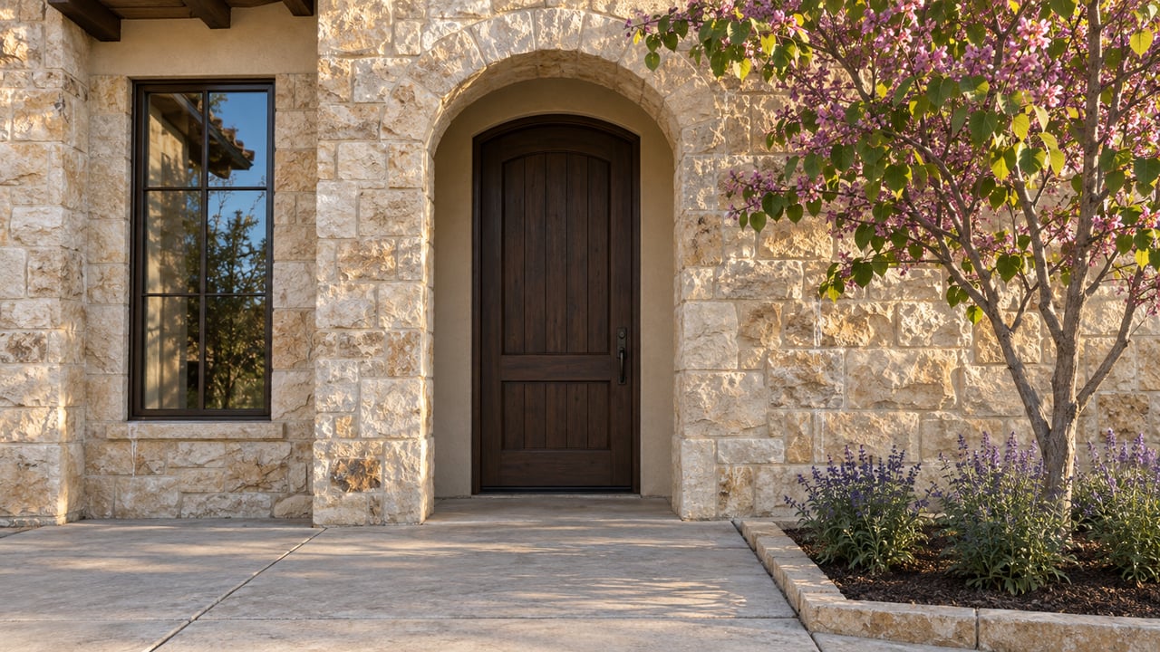 Cream stone home with a recessed arched timber entry, bronze-framed window, and small landscaped planting bed.