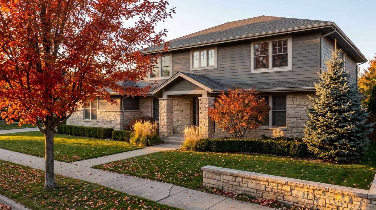 Two-story house with graphite siding, buff-stone veneer, and red-orange maple foliage beside the lawn.