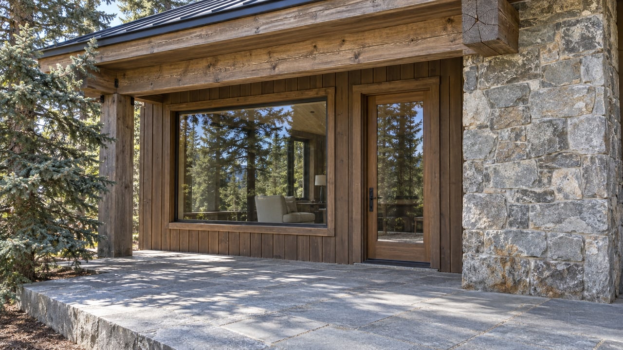 Timber home with broad wood-framed glazing, a gray stone chimney and a sunlit stone terrace beside an Engelmann spruce.