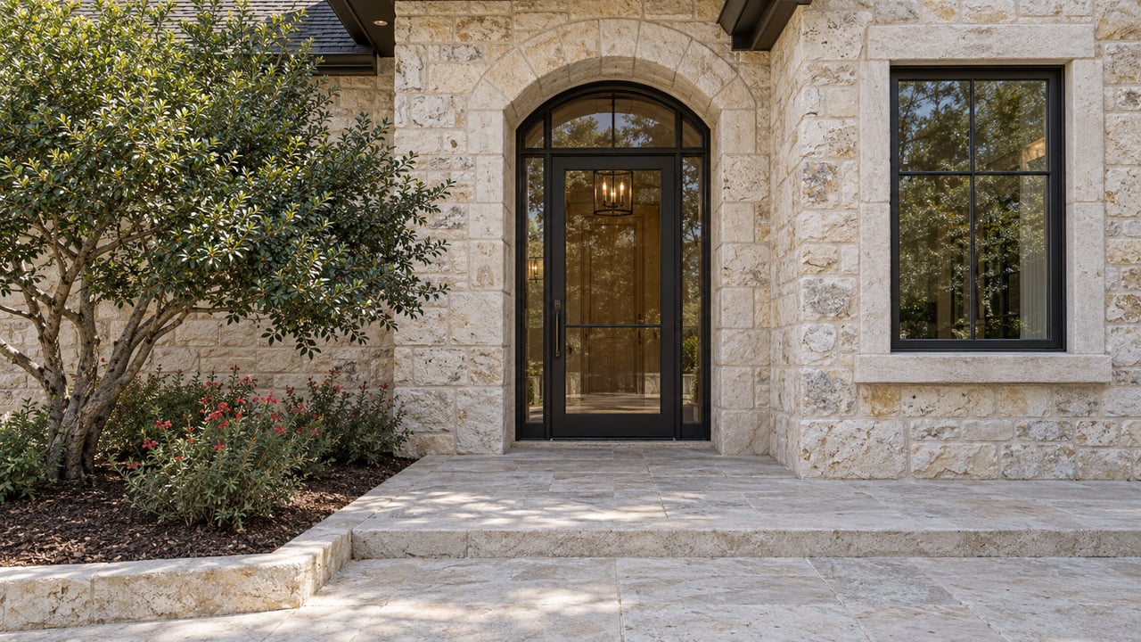 Cream limestone home entrance with an arched dark-metal glass door, pale stone approach and sculptural Texas persimmon beside flowering autumn sage.