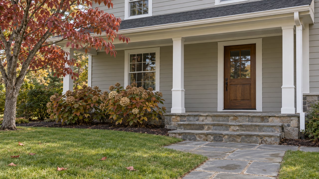 Gray clapboard home's covered oak entry with weathered bluestone steps, a red-leaved dogwood and oakleaf hydrangeas in October light.