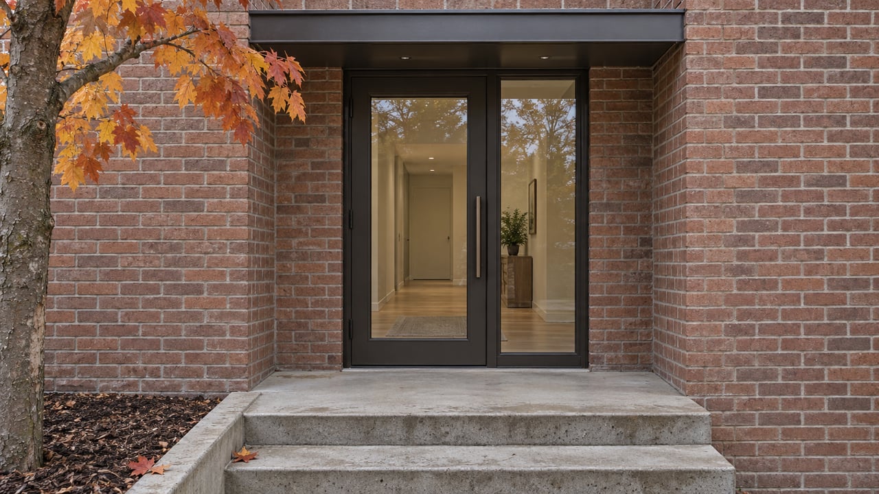 Contemporary glazed residential entrance framed by weathered brick, with concrete steps and ochre maple leaves.