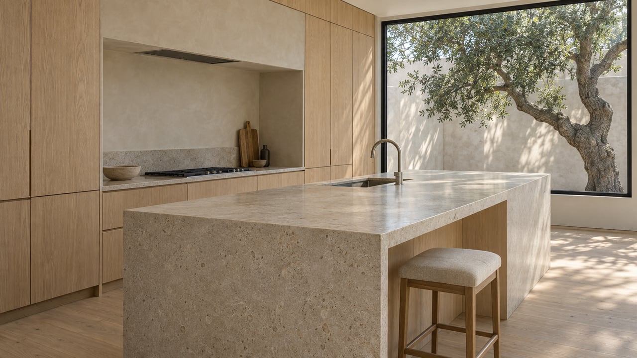 Pale oak kitchen with a limestone island and black-framed window overlooking a stucco wall and tree.