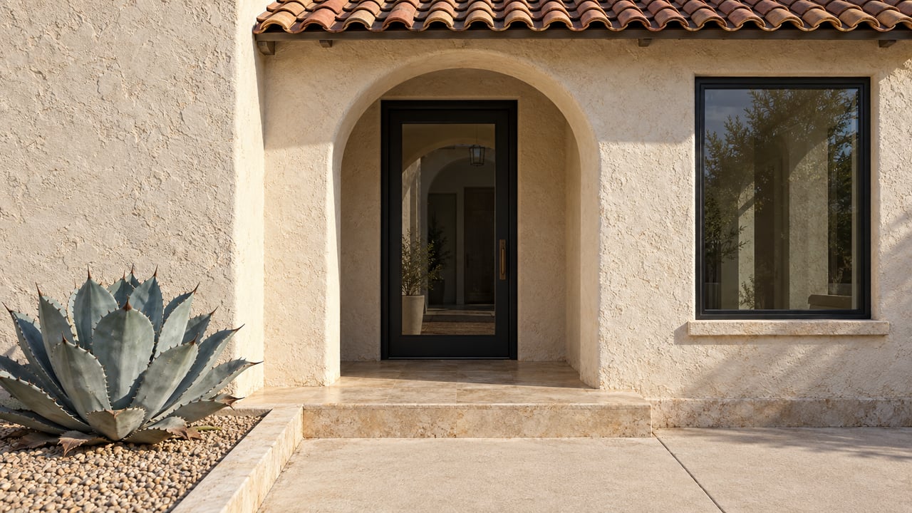 Warm stucco residence with a recessed arched glass entry, clay-tile canopy, limestone step, and a blue-gray agave in a gravel bed.