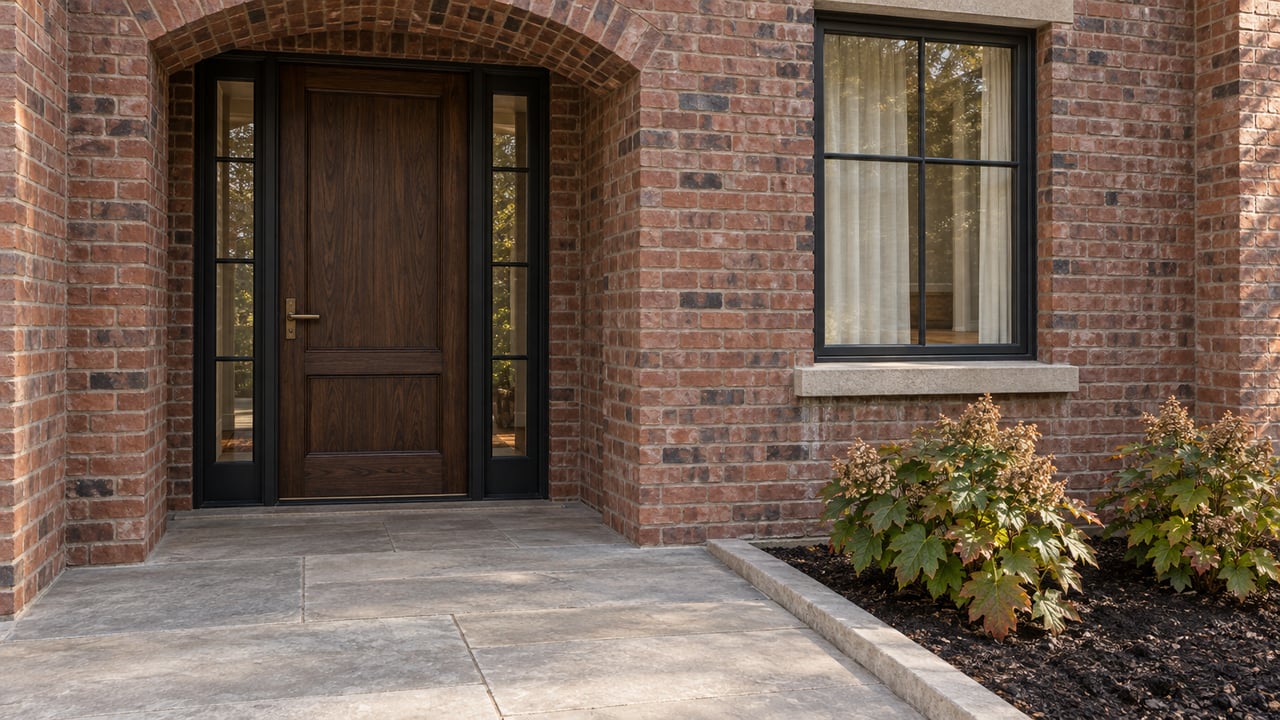 Arched brick entrance with a walnut door and paired sidelights, a limestone landing, and two oakleaf hydrangeas beside a tall window.