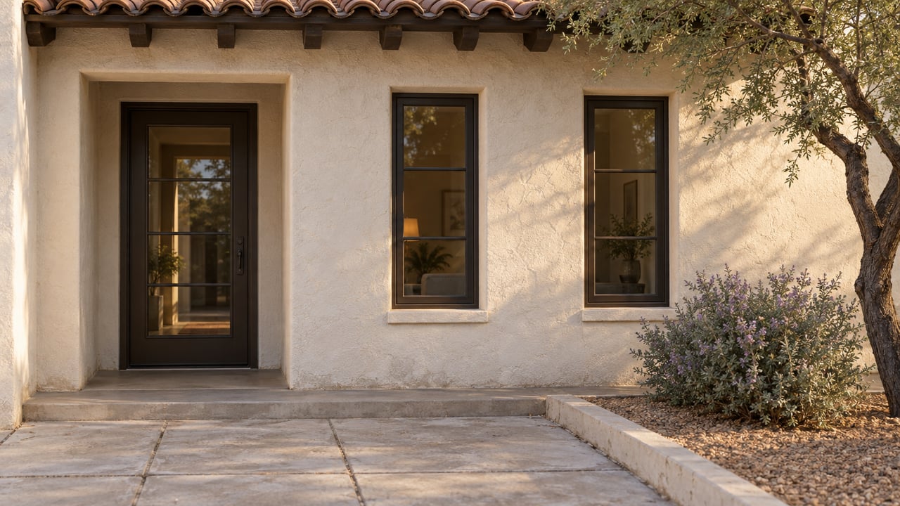 Restored ivory stucco house with terracotta roof tiles, a recessed bronze door, narrow windows, and a desert planting bed.