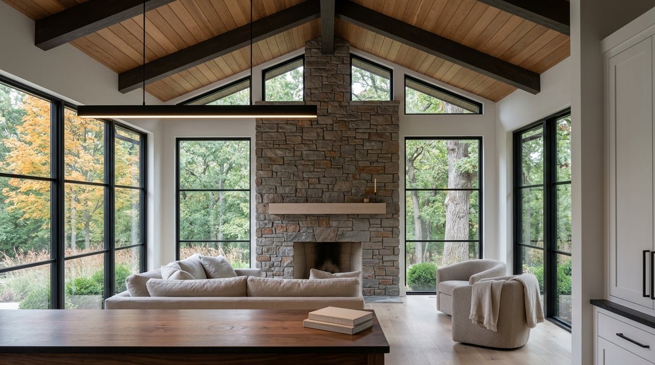 Vaulted great room with a stacked-stone fireplace, black-framed windows, and autumn trees beyond.