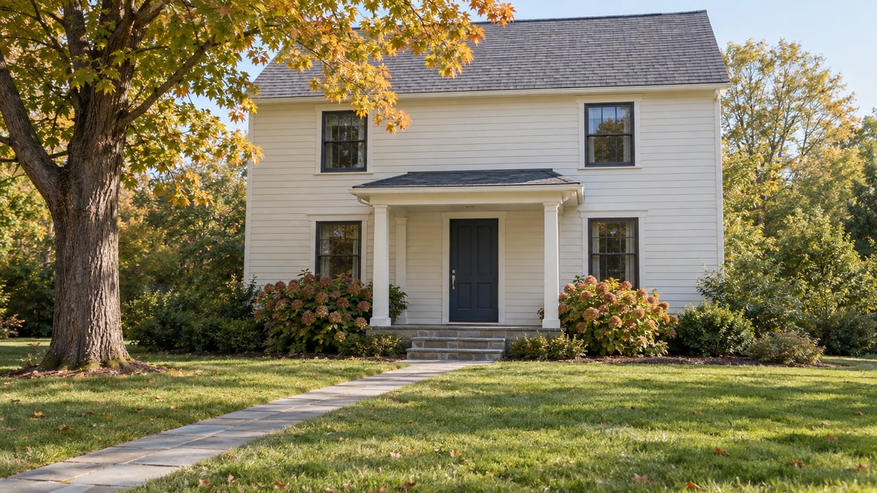 Ivory clapboard house with navy door, bluestone path, and a partly golden maple tree.