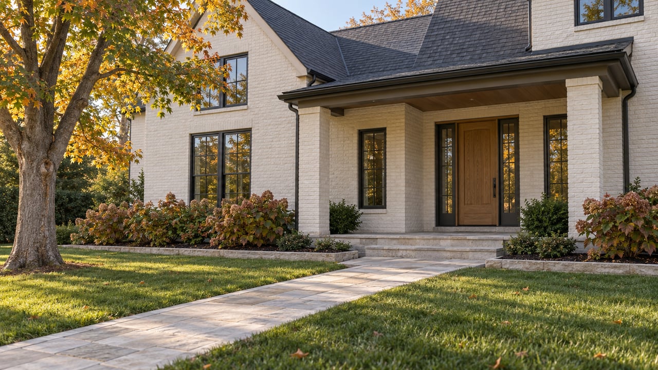 Ivory brick home with a sheltered oak entry, limestone walkway, broad lawn and an ambering maple tree.