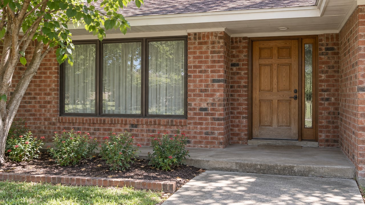 Red-brick ranch entry with an oak door, bronze-framed window, weathered concrete porch and a flowering planted bed.