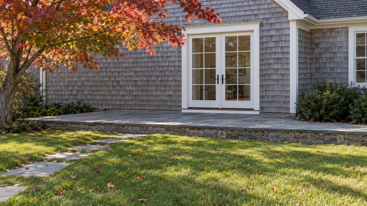 Gray-shingled house with white-trimmed French doors, a bluestone terrace, broad lawn, and red-orange maple.