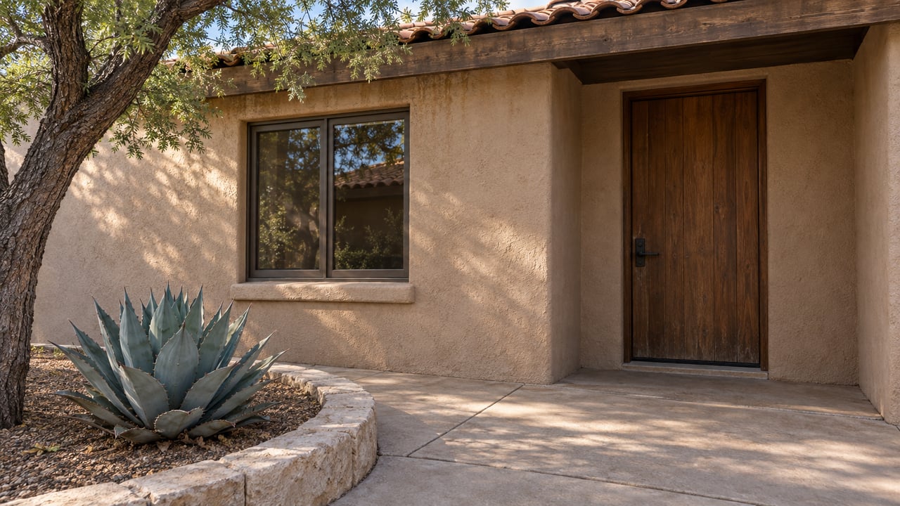 Adobe-toned stucco entry with a wood door, bronze-framed window, clay-tile roof and mesquite beside a limestone-bordered agave bed.