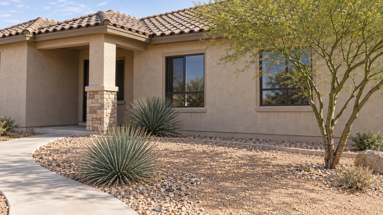 Sand-stucco house with a barrel-tile roof, recessed porch, and gravel yard planted with desert succulents.