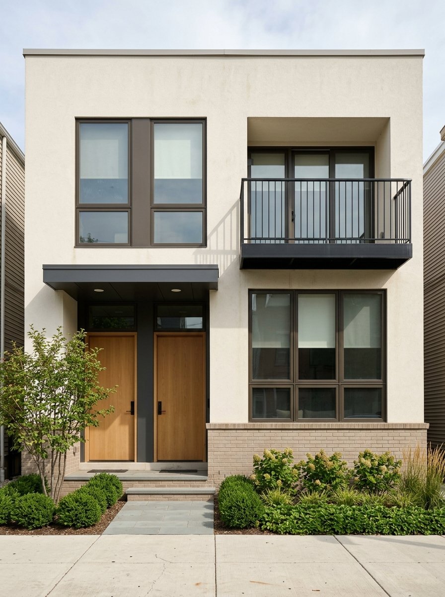 Contemporary two-family home exterior with two separate entryways.