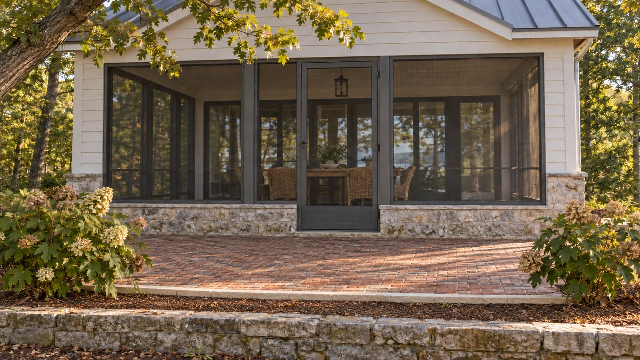 Brick terrace meets a mulched garden bed beside a cottage, with a narrow limestone edging.
