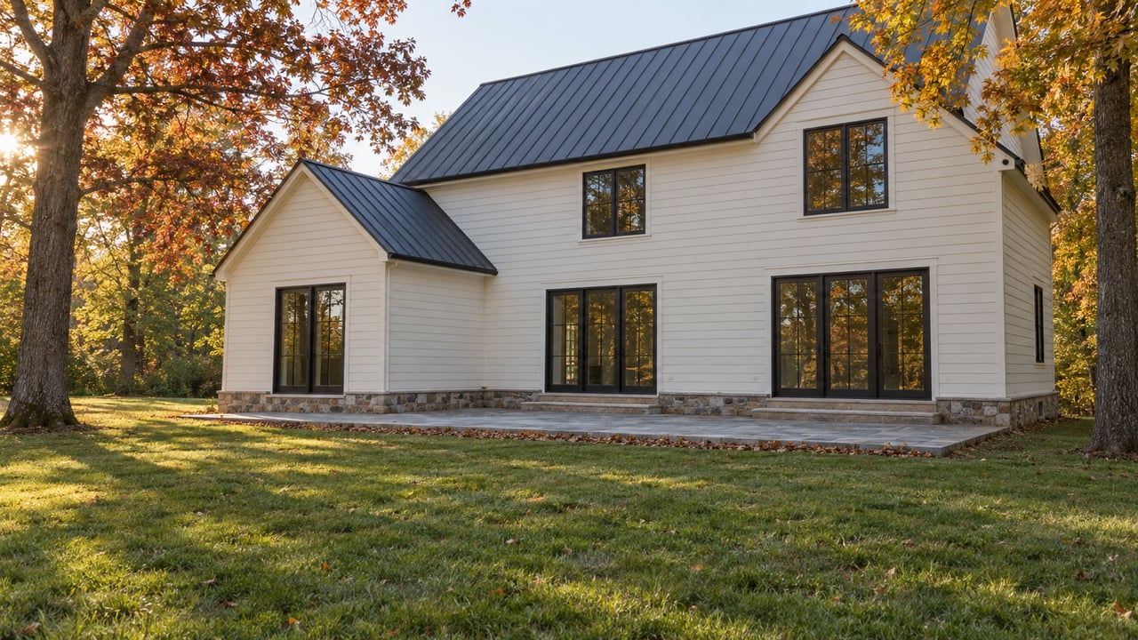 Off-white house with dark metal roof and glazed doors beyond a broad lawn, framed by russet and amber trees.