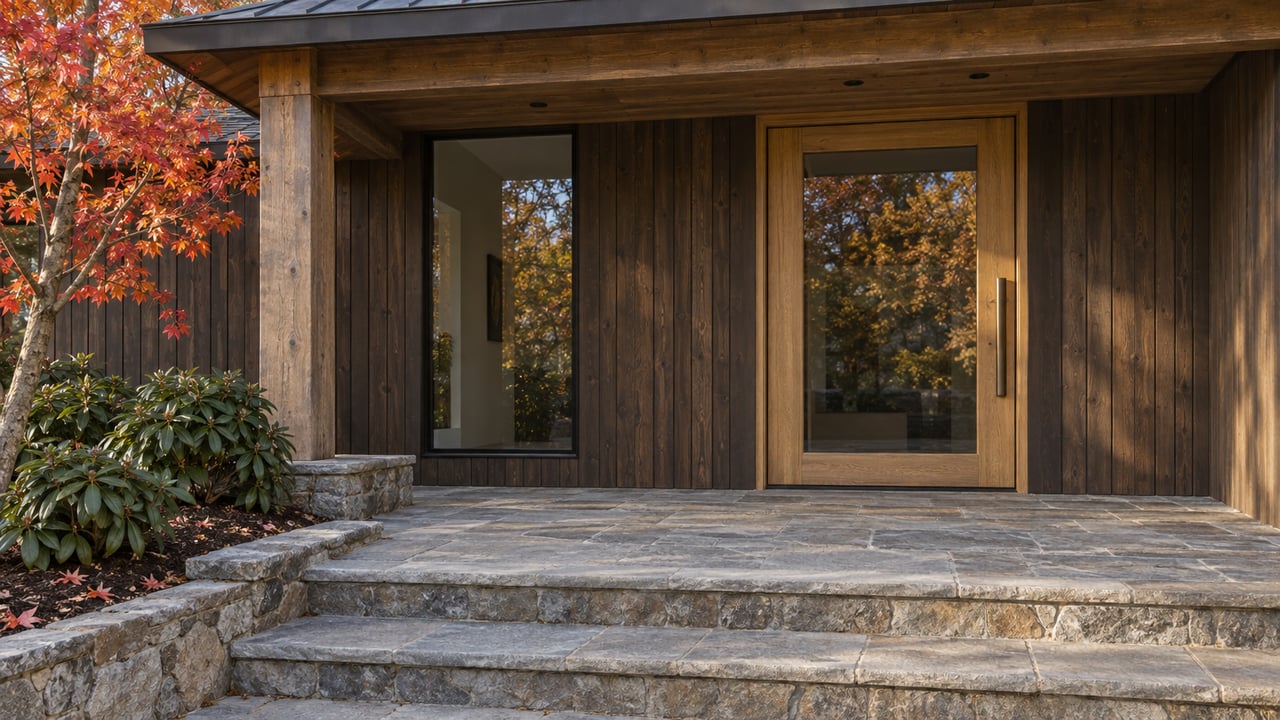 Autumn light on a timber home's glazed oak entry, gray flagstone steps, and red maple beside a sheltered porch.