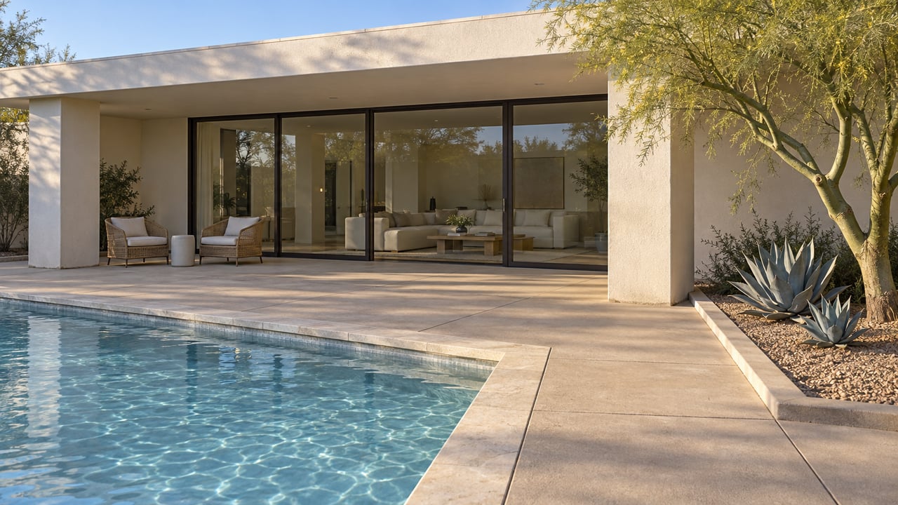 An ivory stucco home with bronze-framed glass doors overlooks a limestone-edged pool and broad terrace, with a sculptural blue palo verde and two whale’s tongue agaves.