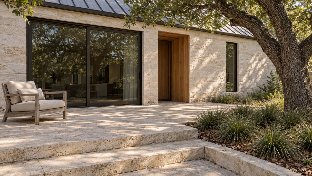 Limestone home and shaded terrace with bronze-framed glass doors, a weathered teak chair and a mature live oak.