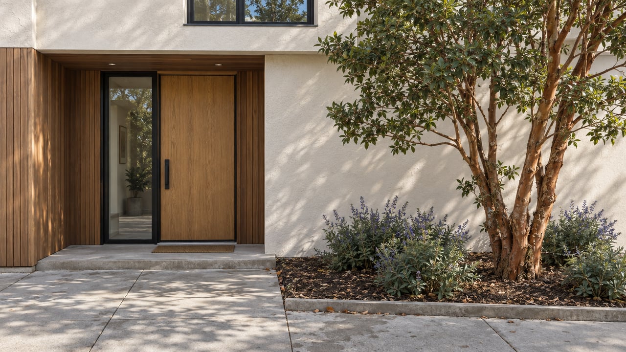 Townhouse entrance with a cedar-clad recess, oak door, concrete walkway, and a multi-stem tree in a planted bed.