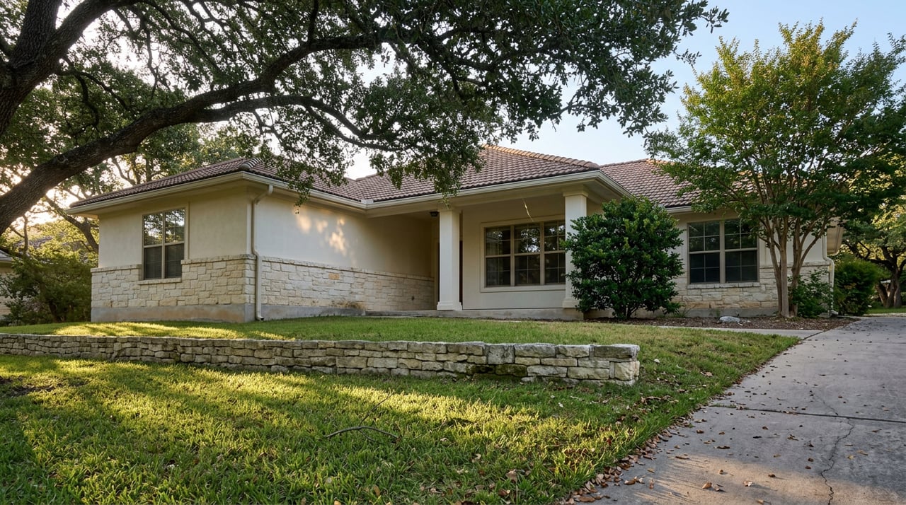 Single-story limestone-and-stucco home beneath a spreading live oak, with a lawn and low stone wall.