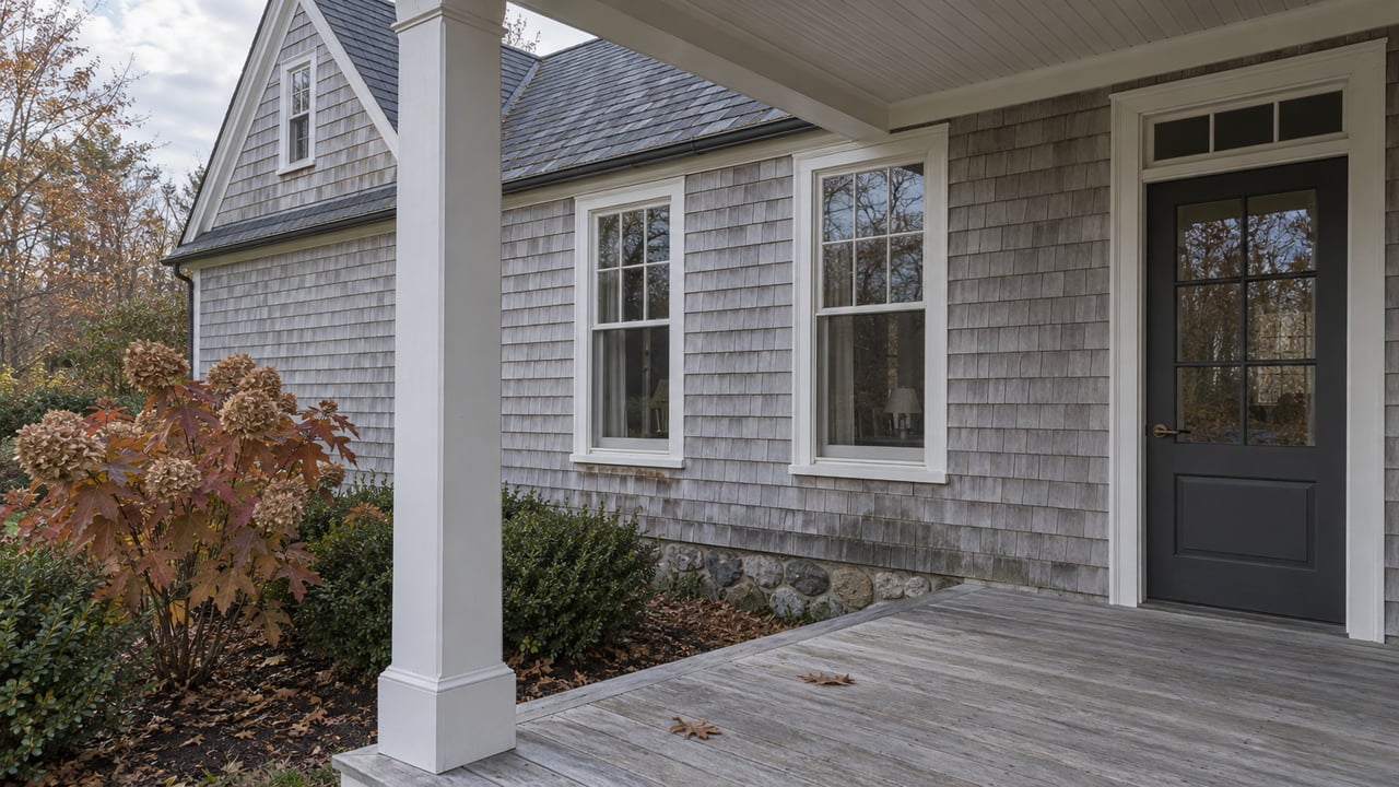 A weathered shingle house with white-trimmed windows and a covered timber porch beside autumn oakleaf hydrangea.